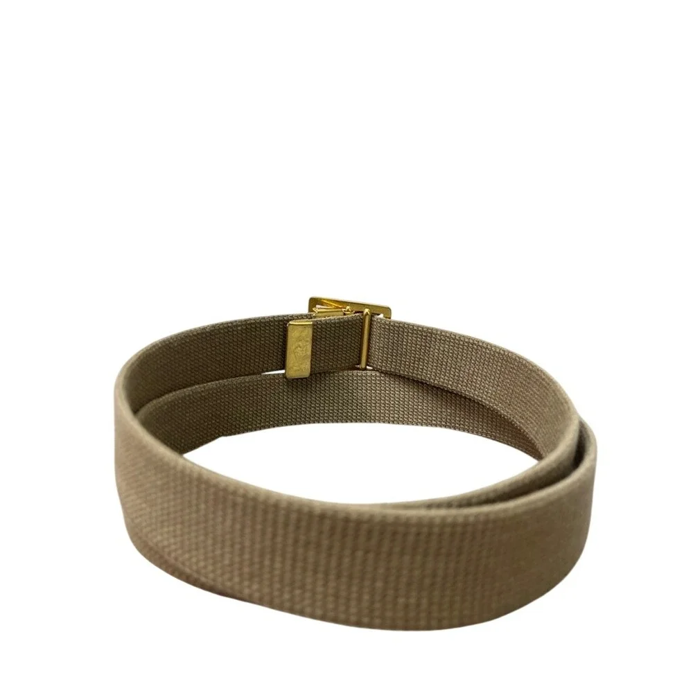 Vintage Tan Canvas Web Belt Gold Tone Slider Buckle Military Style 45 Inch